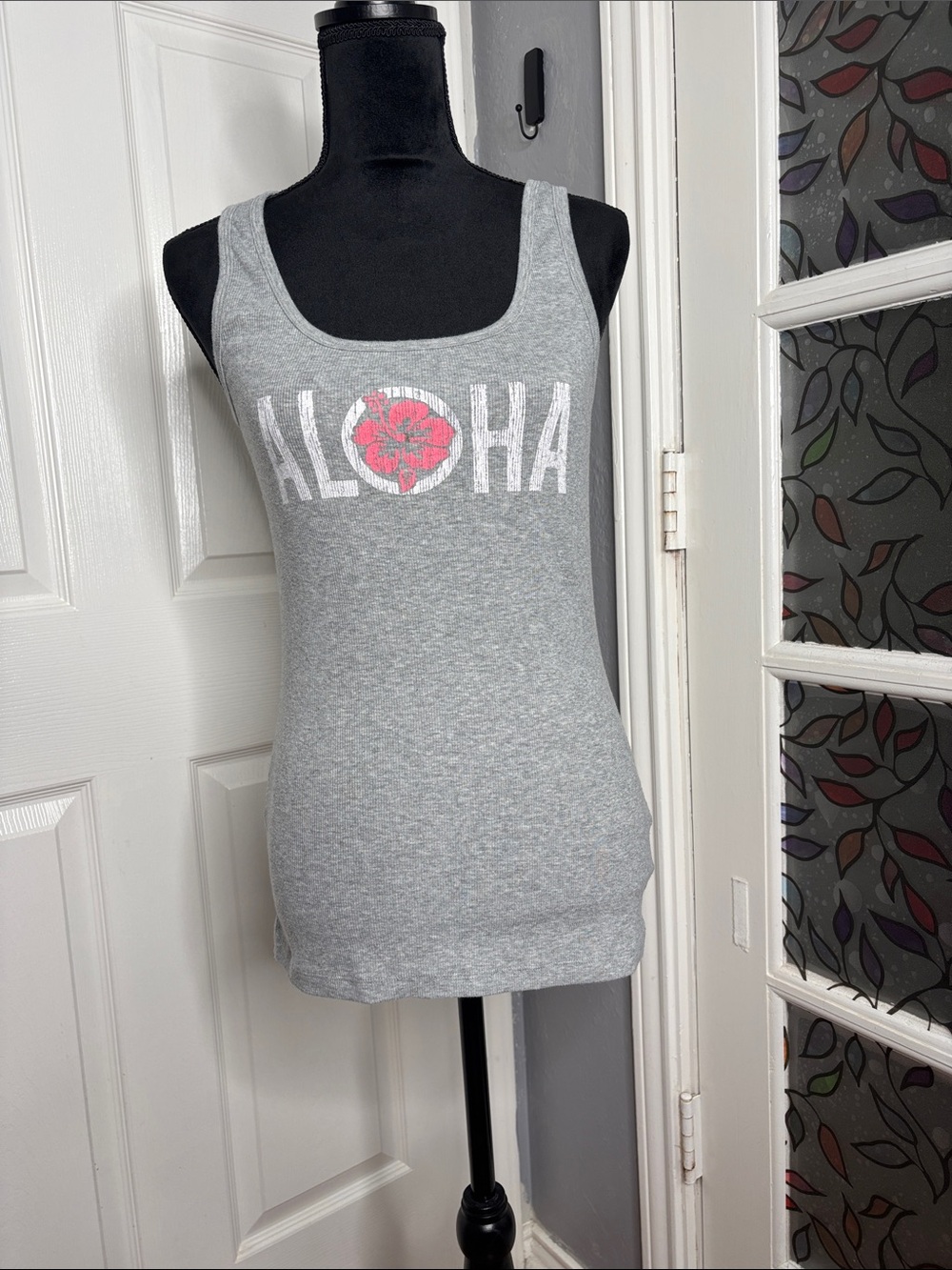 Old Navy Gray Scoop Neck Tank with Pink Floral ALOHA